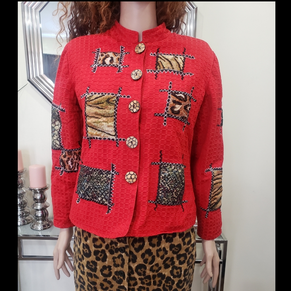 Vintage Alex Kim Red Animal Print Jacket - Size Medium